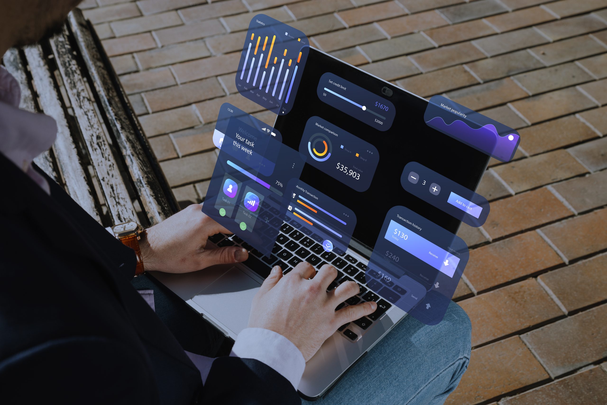 Pessoa utilizando um notebook em um banco ao ar livre, com diversas interfaces digitais flutuando sobre a tela, exibindo gráficos, histórico de transações, indicadores de mercado e ferramentas de análise. A imagem simboliza a conectividade e a fluidez das finanças modernas dentro da economia digital, destacando como a tecnologia transforma a forma de gerenciar investimentos, compras e decisões financeiras em tempo real.