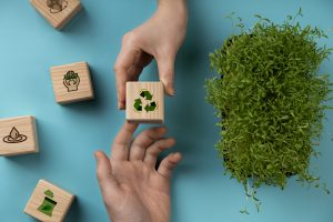 Mãos segurando um bloco de madeira com o símbolo da reciclagem em destaque, cercado por outros blocos com ícones relacionados à sustentabilidade, como economia de água, preservação ambiental e energia limpa. Ao lado, uma planta verde simboliza a conexão com a natureza. A imagem representa o conceito de investimentos sustentáveis, evidenciando ações conscientes voltadas ao meio ambiente e ao futuro do planeta.