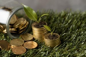 Imagem conceitual de moedas douradas empilhadas sobre a grama, com pequenos brotos verdes crescendo sobre elas, ao lado de um pote de vidro derramado com mais moedas. A cena simboliza a sustentabilidade financeira e o compromisso ambiental, representando a atuação dos Bancos Verdes, instituições que promovem investimentos responsáveis e projetos voltados para a preservação do meio ambiente, combinando lucro e impacto socioambiental positivo.