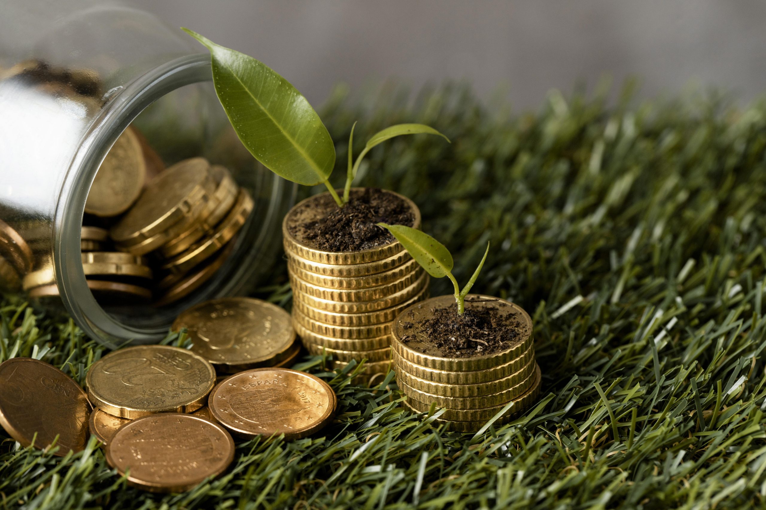 Imagem conceitual de moedas douradas empilhadas sobre a grama, com pequenos brotos verdes crescendo sobre elas, ao lado de um pote de vidro derramado com mais moedas. A cena simboliza a sustentabilidade financeira e o compromisso ambiental, representando a atuação dos Bancos Verdes, instituições que promovem investimentos responsáveis e projetos voltados para a preservação do meio ambiente, combinando lucro e impacto socioambiental positivo.
