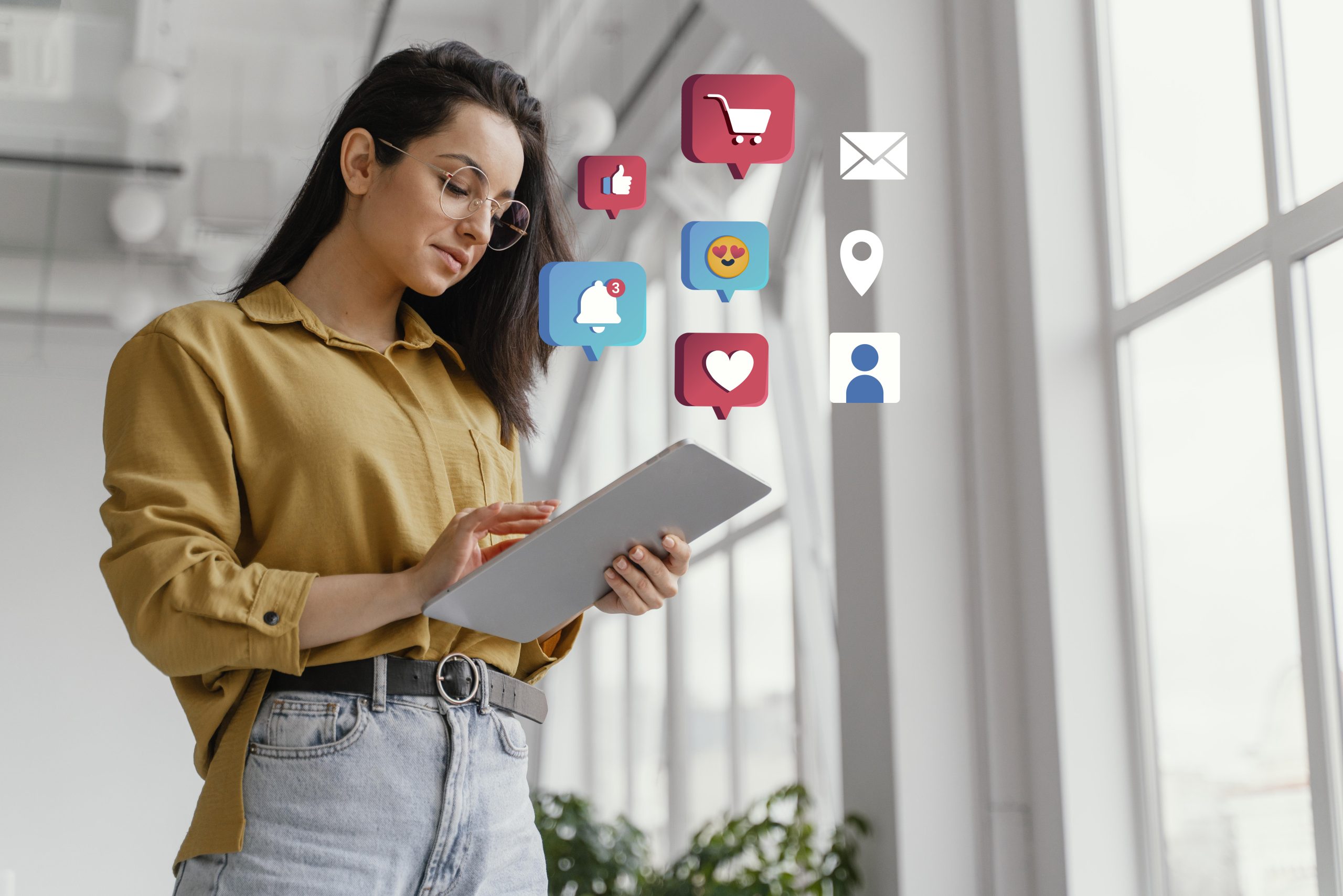 Mulher jovem com óculos e camisa mostarda utilizando um tablet em um ambiente iluminado, enquanto ícones gráficos de redes sociais como curtidas, notificações, mensagens e carrinho de compras flutuam ao seu redor, representando interações digitais e conectividade online.