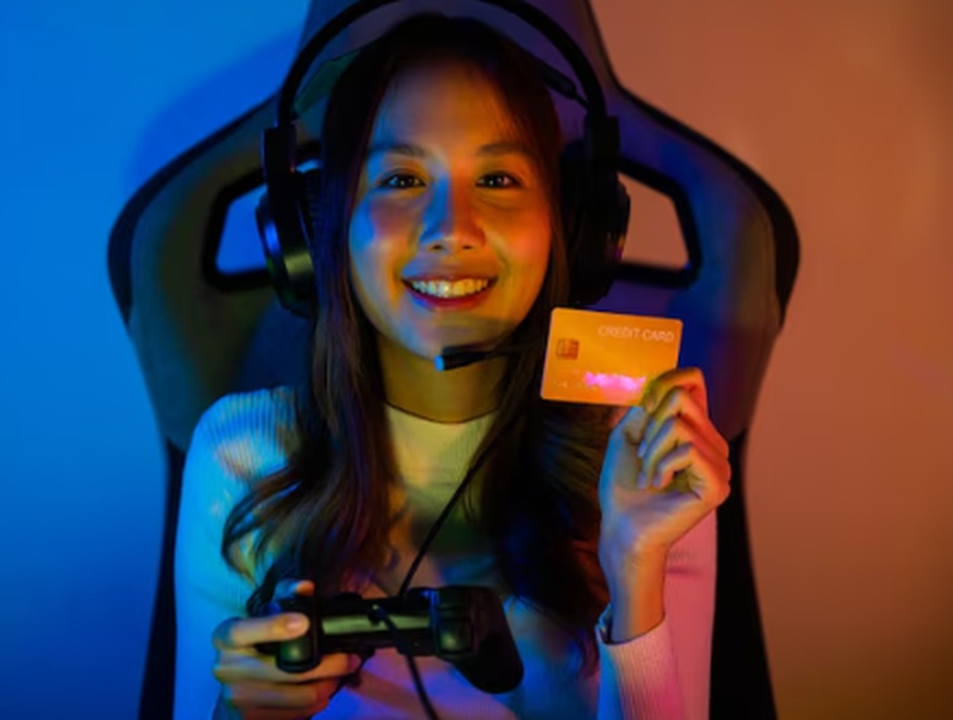 Jovem gamer sorridente usando headset e segurando um cartão de crédito junto a um controle de videogame, representando praticidade e vantagens oferecidas por cartões de crédito voltados ao público gamer.