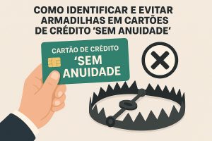 Ilustração em tons suaves mostrando uma mão segurando um cartão de crédito verde com o texto “CARTÃO DE CRÉDITO ‘SEM ANUIDADE’”. À frente do cartão, há uma armadilha de urso aberta, simbolizando o perigo escondido nas ofertas “sem anuidade”. Acima da cena, o título em letras grandes e pretas diz: “COMO IDENTIFICAR E EVITAR ARMADILHAS EM CARTÕES DE CRÉDITO ‘SEM ANUIDADE’”. Ao lado direito, há um círculo com um “X” dentro, reforçando a ideia de alerta.