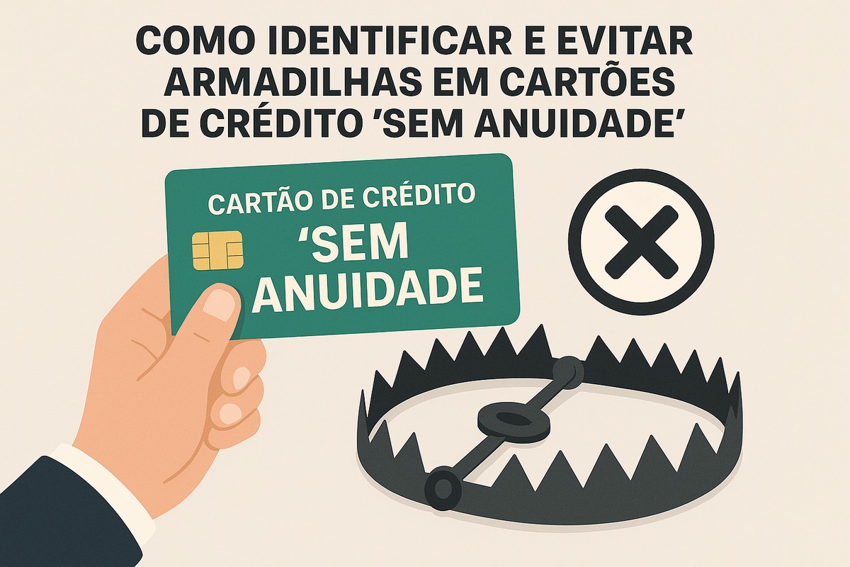 Ilustração em tons suaves mostrando uma mão segurando um cartão de crédito verde com o texto “CARTÃO DE CRÉDITO ‘SEM ANUIDADE’”. À frente do cartão, há uma armadilha de urso aberta, simbolizando o perigo escondido nas ofertas “sem anuidade”. Acima da cena, o título em letras grandes e pretas diz: “COMO IDENTIFICAR E EVITAR ARMADILHAS EM CARTÕES DE CRÉDITO ‘SEM ANUIDADE’”. Ao lado direito, há um círculo com um “X” dentro, reforçando a ideia de alerta.