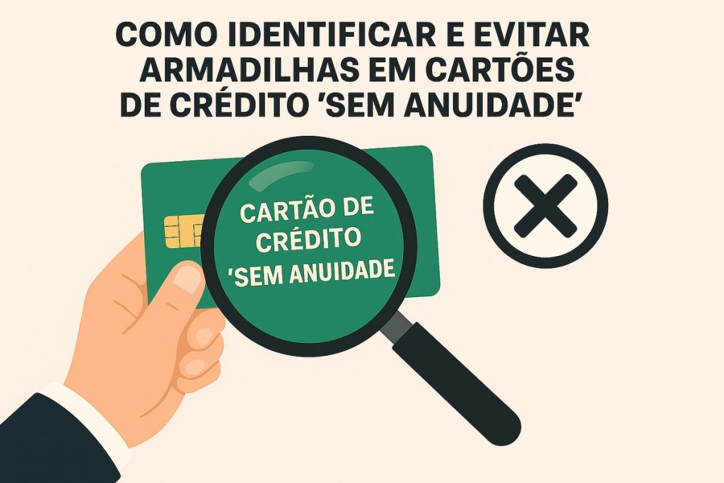 Ilustração de uma mão segurando um cartão de crédito verde com o texto “CARTÃO DE CRÉDITO ‘SEM ANUIDADE’”. Acima, há o título “COMO IDENTIFICAR E EVITAR ARMADILHAS EM CARTÕES DE CRÉDITO ‘SEM ANUIDADE’”. Ao lado direito, um círculo com um “X” preto indica alerta ou erro, e uma lupa destaca o cartão. Fundo bege claro, estilo de design minimalista e vetorial.