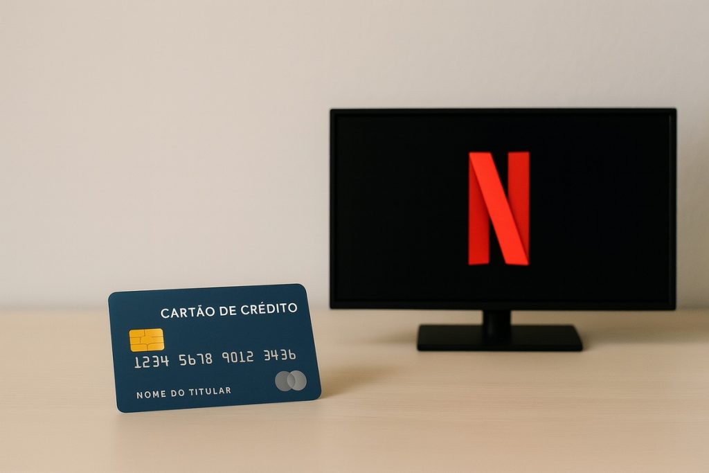 Fotografia mostrando um cartão de crédito azul apoiado sobre uma superfície de madeira clara, com chip dourado e números fictícios. Ao fundo, há uma tela de televisão exibindo o logotipo vermelho da Netflix sobre fundo preto. A composição representa o uso de cartões de crédito para pagamento de serviços de streaming. A imagem não contém pessoas reais.