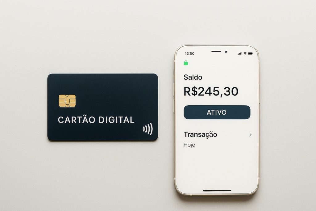 Fotografia mostrando um cartão preto com chip dourado e o texto “CARTÃO DIGITAL” ao lado de um smartphone branco. Na tela do celular, há uma interface bancária exibindo o saldo de R$245,30, com o status “ATIVO” destacado em um botão azul. Abaixo, há o texto “Transação – Hoje”. A composição representa o uso de cartões e contas digitais para controle financeiro.