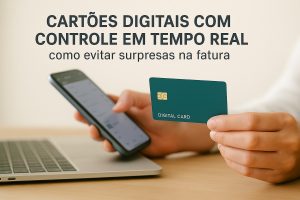 Fotografia de um cartão azul escuro com chip dourado e o texto “CARTÃO DIGITAL”, posicionado ao lado de um smartphone branco que exibe uma interface financeira em português com as palavras “Saldo”, “R$ 245,30”, “Ativo”, “Transação” e “Hoje”. A composição é minimalista, com fundo cinza claro e foco no conceito de controle financeiro em tempo real.