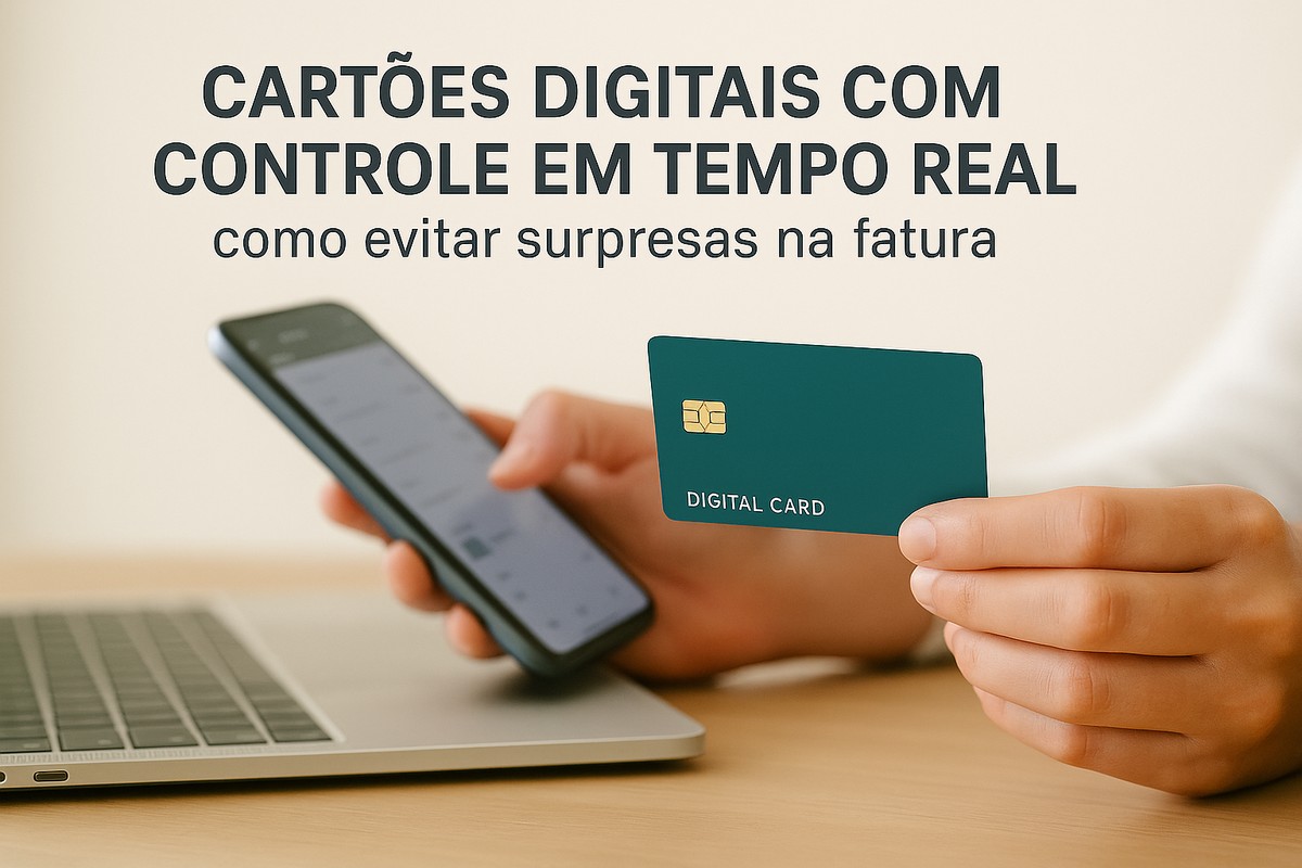 Fotografia de um cartão azul escuro com chip dourado e o texto “CARTÃO DIGITAL”, posicionado ao lado de um smartphone branco que exibe uma interface financeira em português com as palavras “Saldo”, “R$ 245,30”, “Ativo”, “Transação” e “Hoje”. A composição é minimalista, com fundo cinza claro e foco no conceito de controle financeiro em tempo real.