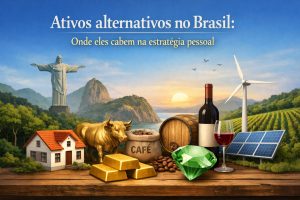 Imagem ilustrativa sobre ativos alternativos no Brasil, com o título “Ativos alternativos no Brasil: onde eles cabem na estratégia pessoal”. A cena mostra uma composição de investimentos sobre uma mesa de madeira, incluindo uma casa representando imóveis, barras de ouro, um touro dourado simbolizando mercado e commodities, um saco de café, um barril e uma garrafa de vinho com taça, uma gema verde, painéis solares e uma turbina eólica. Ao fundo, aparecem o Cristo Redentor, o Pão de Açúcar e uma paisagem natural ao pôr do sol, reforçando o contexto brasileiro e a ideia de diversificação patrimonial.