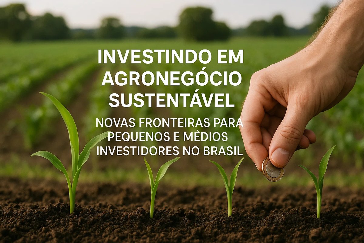 Uma mão humana deposita uma moeda no solo ao lado de pequenas mudas verdes alinhadas em uma plantação, simbolizando crescimento e investimento sustentável. Ao fundo, o campo desfocado reforça a ideia de agronegócio. Sobre a imagem está o texto “Investindo em agronegócio sustentável — novas fronteiras para pequenos e médios investidores no Brasil”. A cena transmite a relação entre investimento responsável e práticas agrícolas que promovem sustentabilidade.
