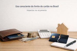 Imagem minimalista sobre uso consciente do limite do cartão no Brasil, com o texto ‘Uso consciente do limite do cartão no Brasil’ e o subtítulo ‘Impactos no orçamento’ em um fundo claro. Sobre uma mesa de madeira aparecem uma carteira aberta com cartões, notas e moedas empilhadas, uma calculadora branca, uma pequena casa de madeira simbolizando despesas fixas, um cartão de crédito quebrado ao meio sobre um caderno e uma caneta, representando controle financeiro, planejamento do orçamento e os riscos do endividamento no cartão de crédito.