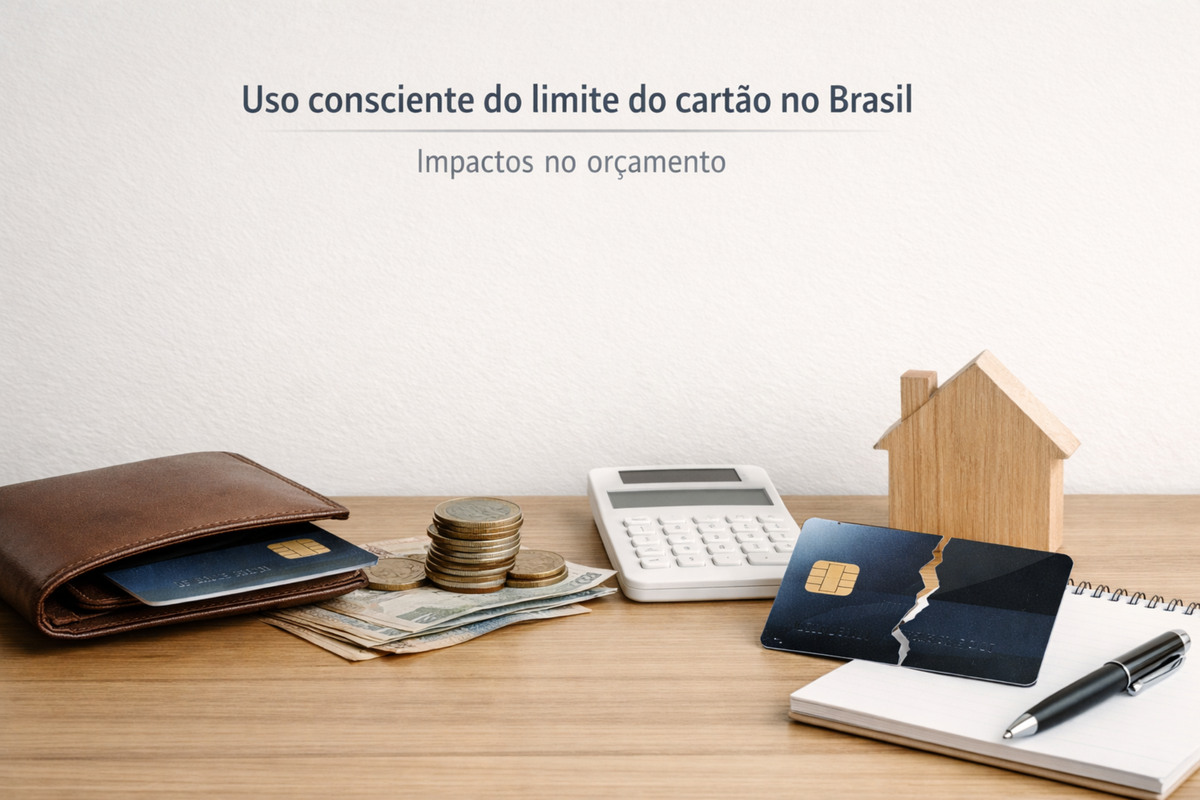 Imagem minimalista sobre uso consciente do limite do cartão no Brasil, com o texto ‘Uso consciente do limite do cartão no Brasil’ e o subtítulo ‘Impactos no orçamento’ em um fundo claro. Sobre uma mesa de madeira aparecem uma carteira aberta com cartões, notas e moedas empilhadas, uma calculadora branca, uma pequena casa de madeira simbolizando despesas fixas, um cartão de crédito quebrado ao meio sobre um caderno e uma caneta, representando controle financeiro, planejamento do orçamento e os riscos do endividamento no cartão de crédito.