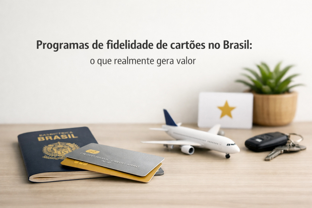 Imagem conceitual sobre programas de fidelidade de cartões no Brasil, com o texto ‘Programas de fidelidade de cartões no Brasil: o que realmente gera valor’ em um fundo claro. Sobre uma mesa de madeira aparecem um passaporte brasileiro, dois cartões de crédito empilhados, um avião em miniatura simbolizando viagens e milhas, um chaveiro com chaves de carro, um pequeno cartão com estrela dourada e uma planta decorativa, representando recompensas, benefícios, status e o valor real dos programas de fidelidade.