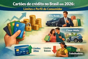 Ilustração sobre cartões de crédito no Brasil em 2026 mostrando limites de crédito, perfil do consumidor, alta renda, classe média e trabalhadores com elementos como cartões, dinheiro, cadeado e compras