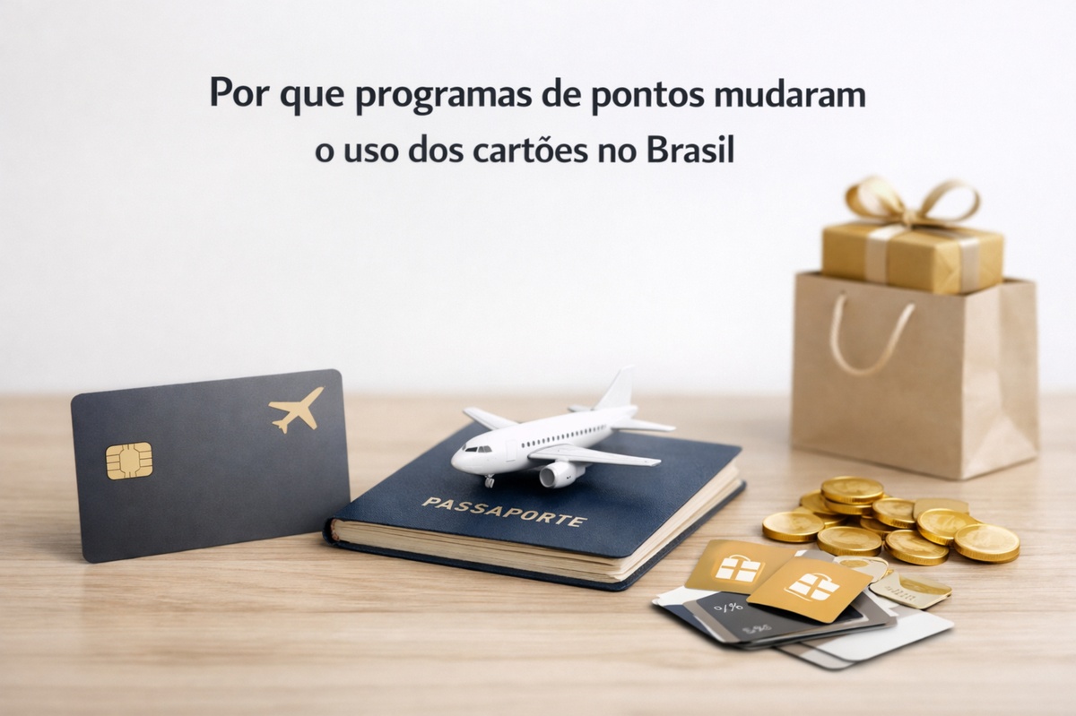 programas de pontos no Brasil com cartão de crédito, passaporte, avião e recompensas mostrando benefícios de milhas, cashback e uso inteligente dos cartões