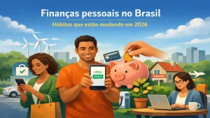 Finanças pessoais no Brasil com uso de Pix, pessoas usando celular, cofrinho e cartão, representando hábitos financeiros modernos e economia em 2026
