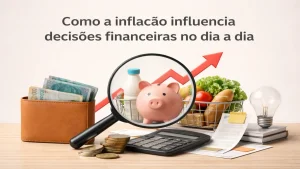 Como a inflação influencia decisões financeiras no dia a dia com carteira, dinheiro, calculadora, compras de supermercado e cofrinho, representando aumento de preços e planejamento financeiro