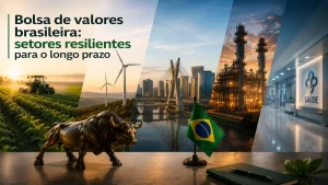Imagem editorial premium sobre a bolsa de valores brasileira, destacando setores resilientes como agronegócio, energia renovável, infraestrutura, indústria e saúde em composição moderna com bandeira do Brasil e símbolo do mercado financeiro.