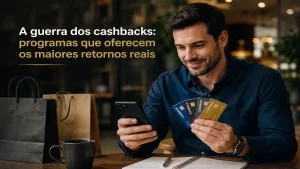 Homem analisando cartões de cashback e aplicativo financeiro em um café moderno, representando a disputa entre programas que oferecem os maiores retornos reais em compras e benefícios financeiros.