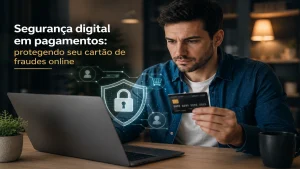 Homem utilizando cartão de crédito em notebook com elementos visuais de segurança digital, representando proteção contra fraudes online em pagamentos eletrônicos.