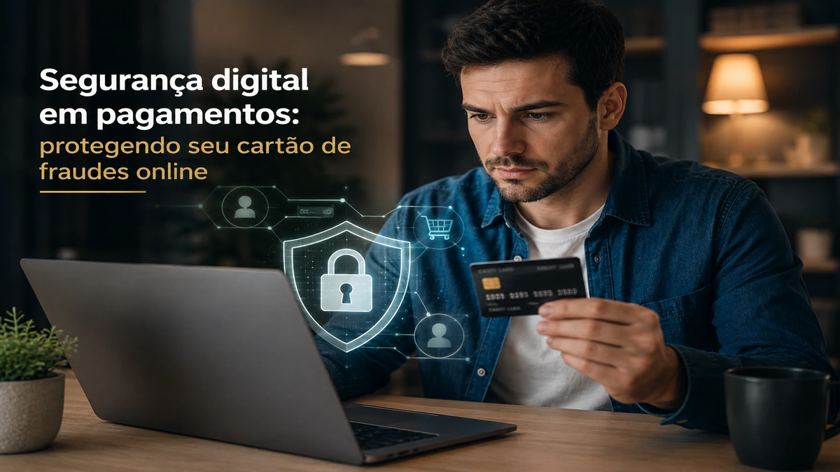 Homem utilizando cartão de crédito em notebook com elementos visuais de segurança digital, representando proteção contra fraudes online em pagamentos eletrônicos.